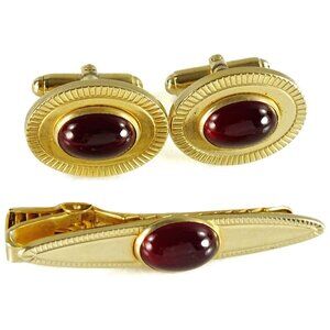 Anson Vintage Cufflinks Set w Tie Clip Bar Goldtone Oval Red Cabochon